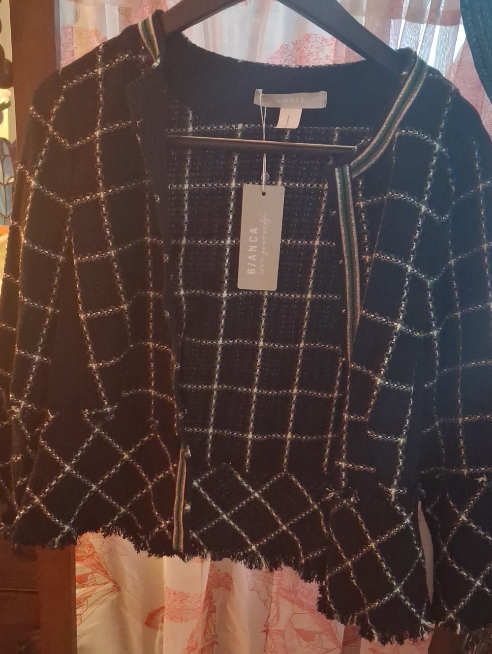Black Windowpane Tweed Clasp Closure Blazer